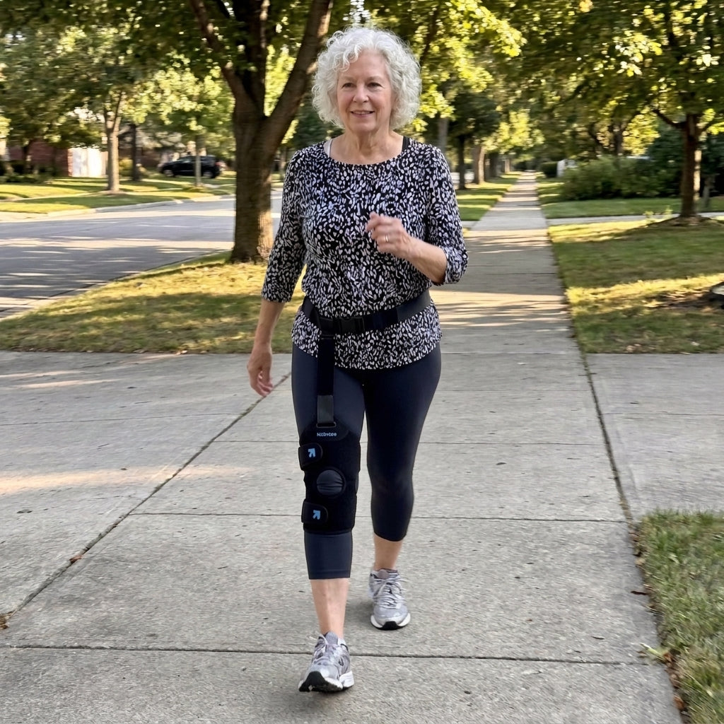 Linda walking outdoors with Walk Assist
