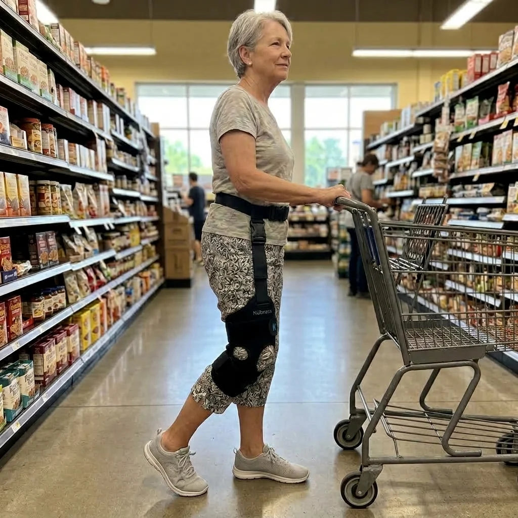 Woman shopping while wearing Walk Assist on her leg