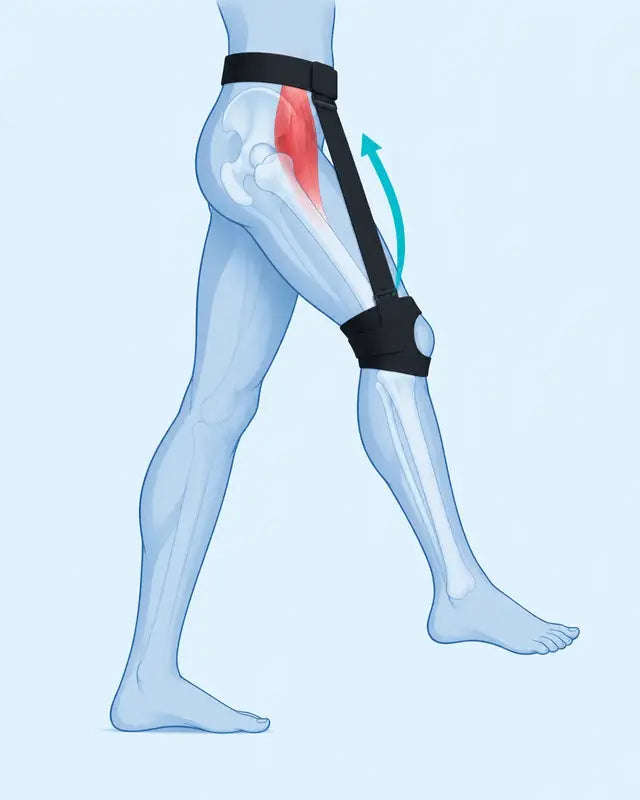 Momentum Strap running from the waist belt to the knee holder, helping the leg lift