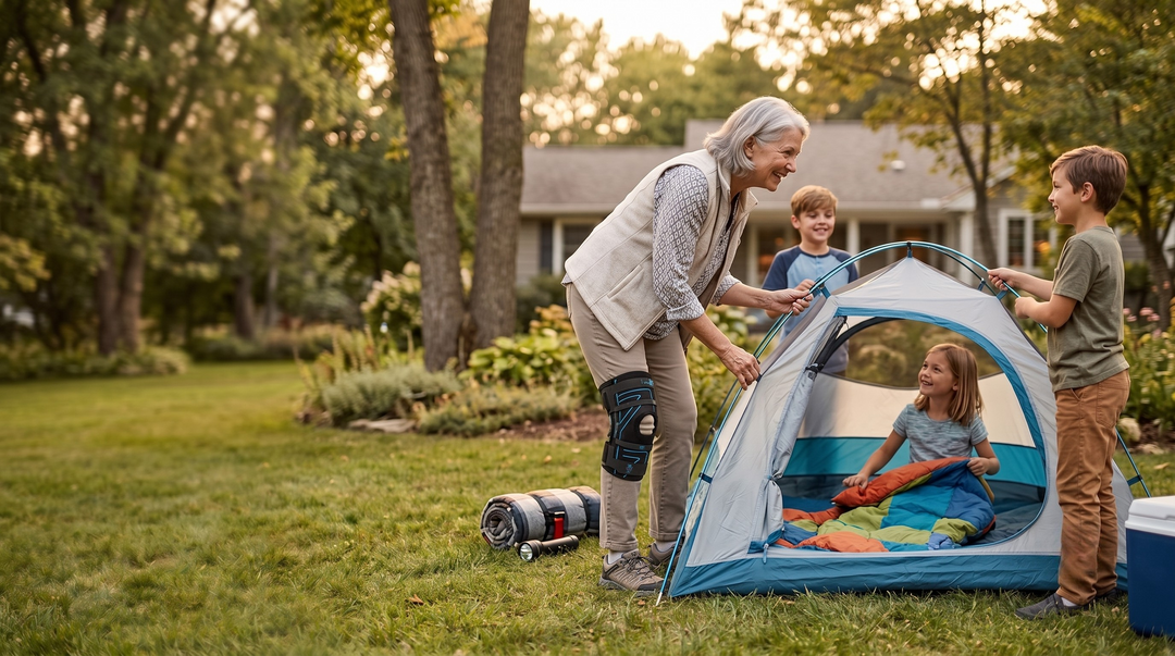 Older woman with a knee brace setting up a camping tent outdoors with three grandchildren on a grassy lawn.