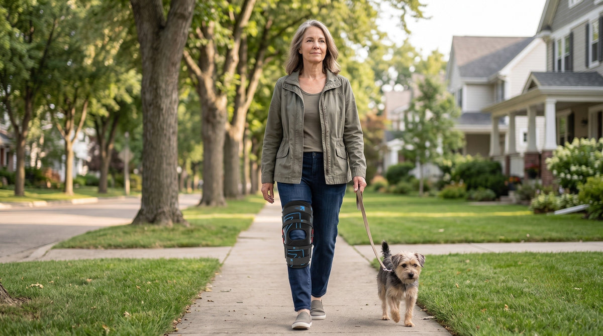 Woman in her 60s walking her dog on a tree-lined neighborhood sidewalk while wearing a Nübrace PowerBoost™ Active Knee Brace