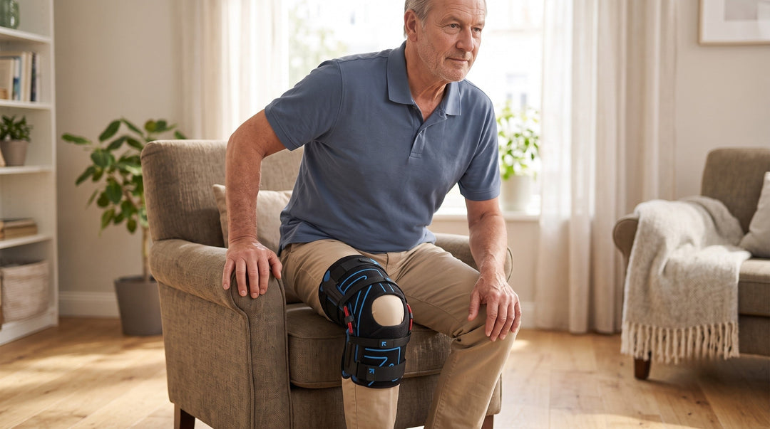 Man rising from an armchair in his living room while wearing an active mechanical knee brace.