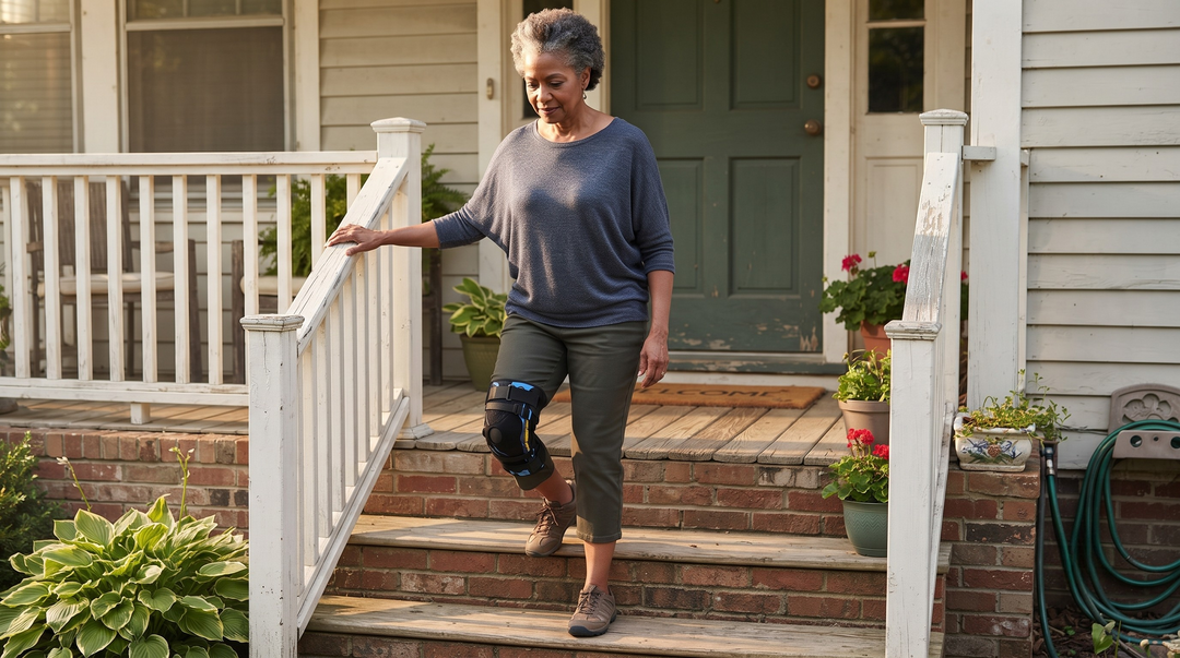 Older woman walking down porch steps while holding the railing, wearing a Nübrace knee brace on her left leg