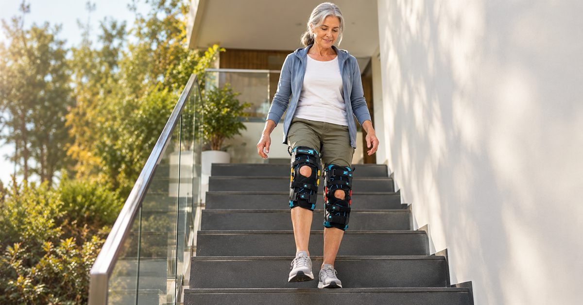 Woman in her 60s walking confidently down outdoor stairs wearing Nübrace Active Knee Braces on both knees.