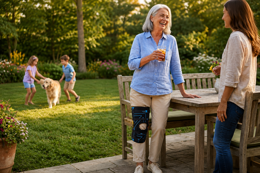 Grandmother wearing a Nübrace knee brace laughing with family during an outdoor summer gathering