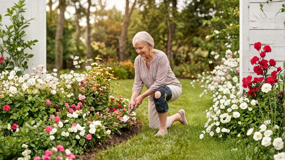 Older woman wearing a Nübrace knee brace while kneeling and gardening in a flower bed