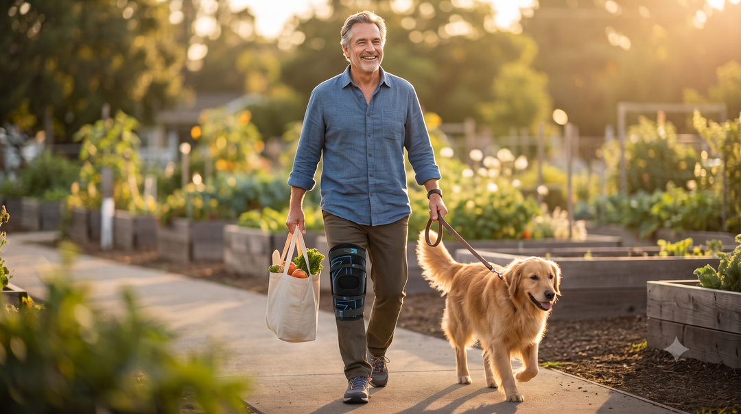 Man in his 60s living an active lifestyle with knee osteoarthritis, walking his dog in a garden while wearing a Nübrace spring-assisted mechanical knee brace as an alternative to knee surgery.