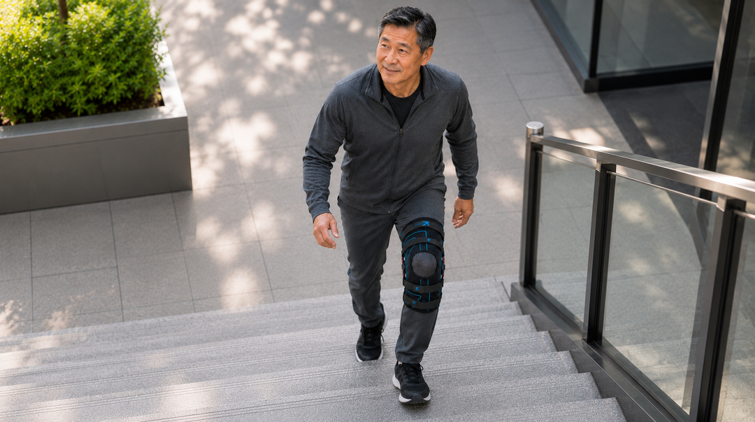 Man walking up outdoor stone stairs wearing the Nübrace Active Knee Brace, with a glass handrail beside him