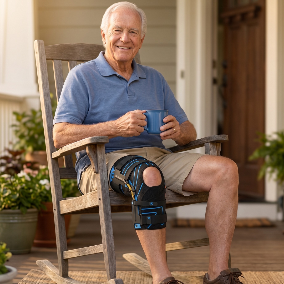 An older man sitting in a wooden rocking chair on a porch, wearing a Nubrace powerboost active knee support brace on his right leg. He is wearing a blue polo shirt, khaki shorts, and brown shoes, holding a blue mug.