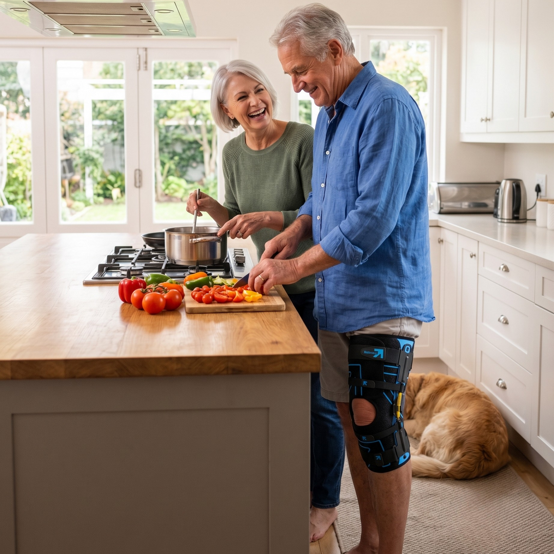 An elderly couple cooking together in a bright, modern kitchen. The man on the right wears a blue button-down shirt, gray shorts, and a Nubrace powerboost active knee brace, while the woman on the left wears a green top.