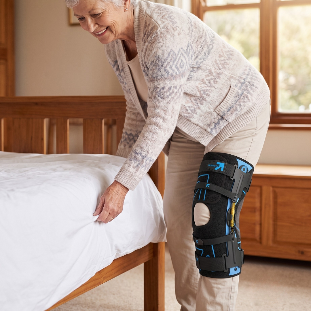 An older woman in a bedroom adjusts a white bedsheet while wearing a Nubrace powerboost active knee brace on her leg.
