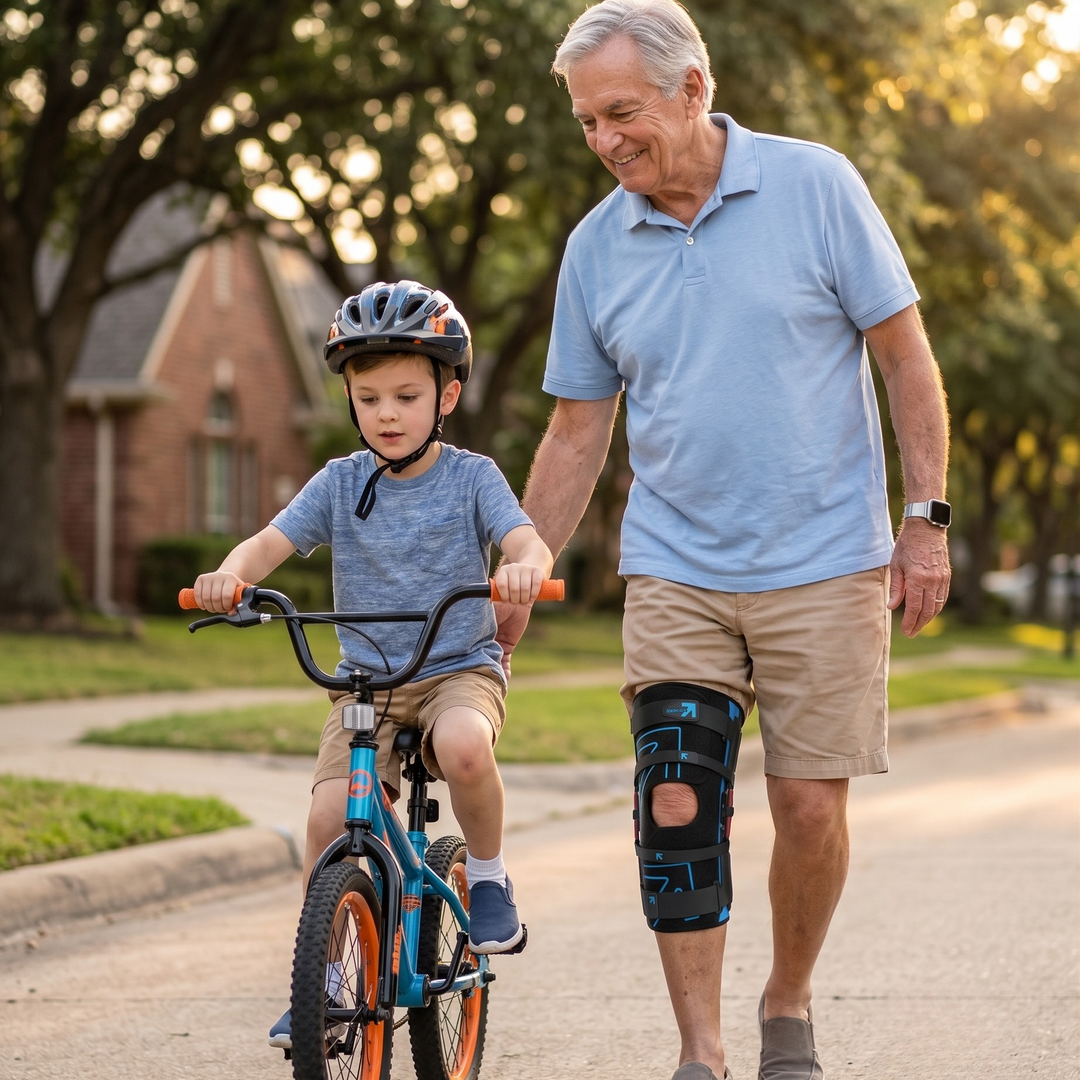 An older man wearing a blue polo shirt, khaki shorts, and a Nubrace powerboost active  knee brace walks beside a young boy riding a small blue bicycle on a paved path. The scene is outdoors in warm golden-hour light with trees and a house in the background.