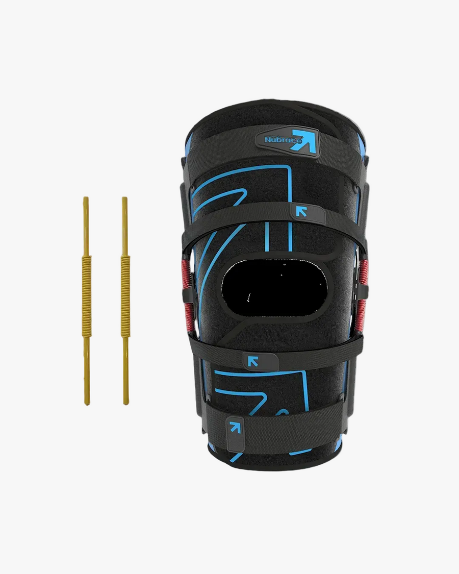 Front view of the Nübrace Active Knee Brace in black with blue accents, red side hinges and adjustable straps, shown with the yellow spring set.