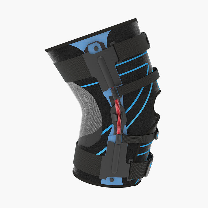 Side view of the Nübrace Active Knee Brace in black and blue, showing the side hinge with a red spring and adjustable straps, on a white background.