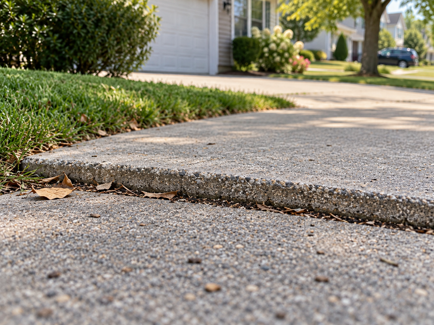 A small raised break in a suburban American sidewalk