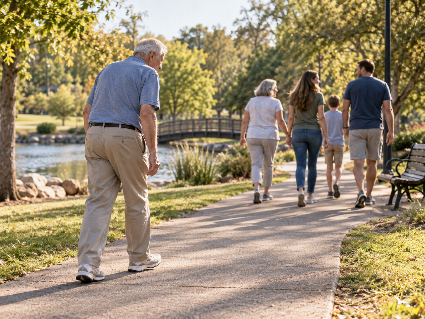 An older man struggling to keep up with his family during a walk in the park