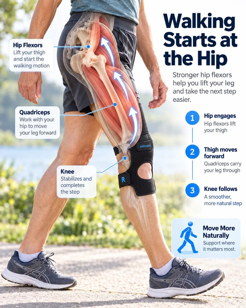 Biology illustration showing the hip flexor muscles involved in lifting the leg
