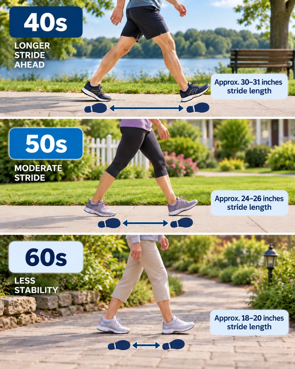 Three side-view walking scenes showing stride length getting shorter through the decades