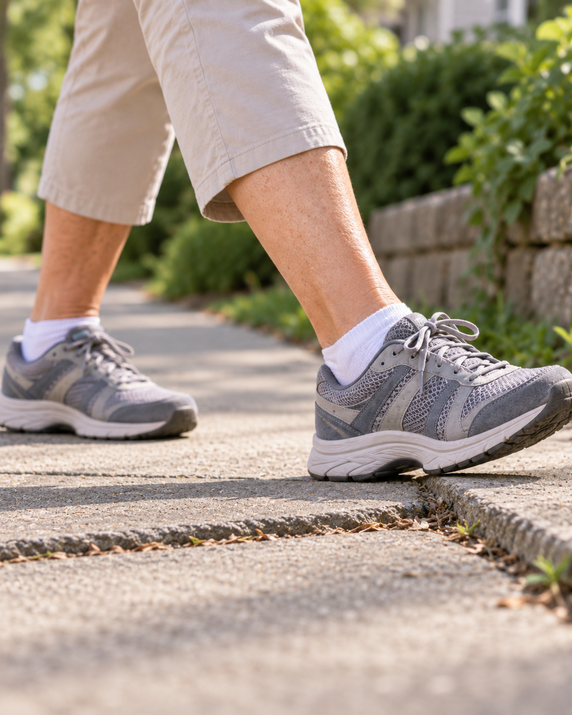 Close-up of a near miss while walking, with the foot leaning forward before a possible stumble