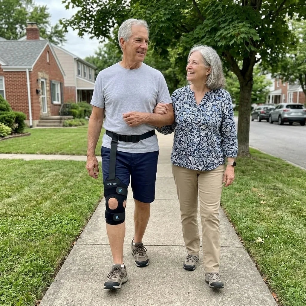 Couple walking together, one wearing Walk Assist