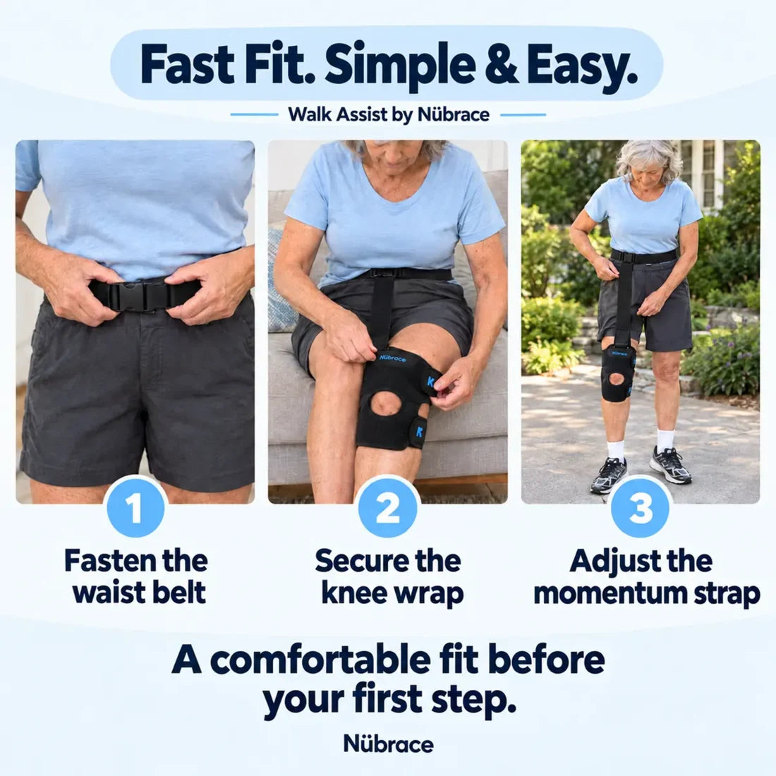 Place the knee wrap over your knee, connect it to the waist belt, and adjust the Momentum strap