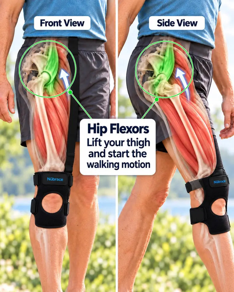 Hip flexors lift your thigh and start the walking motion